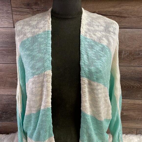 PINK ROSE Womens Lightweight Knit Open Front Sweater Cardigan Teal White Size L - Picture 5 of 7